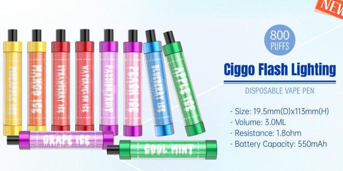 Λάμψη Ciggo που ανάβει το λάμποντας κλειστό vape προμηθευτή λοβών 800 ριπών λοβών vape μίας χρήσης Ecigs οδηγήσεων νύχτας